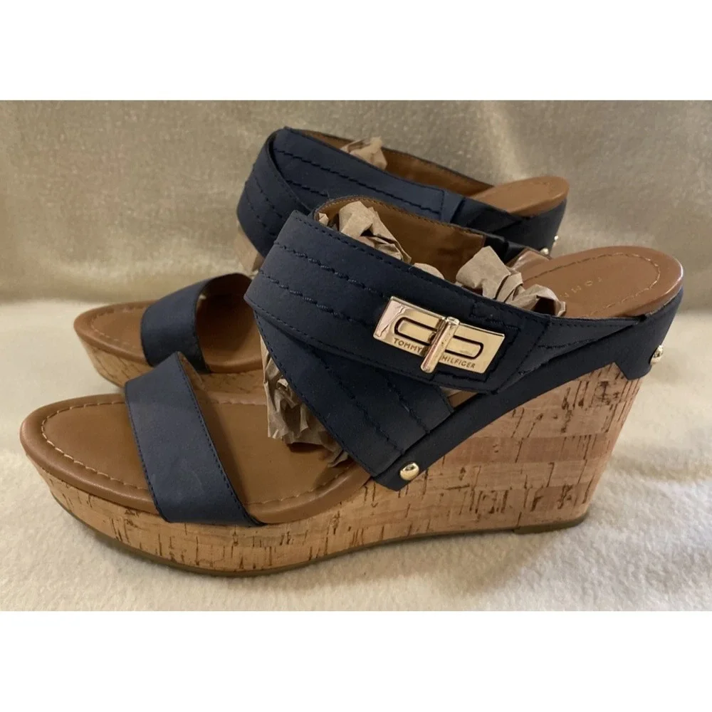 Tommy Hilfiger Women's Size 10 Blue Strappy Cork Wedge Sandals Platform Buckle